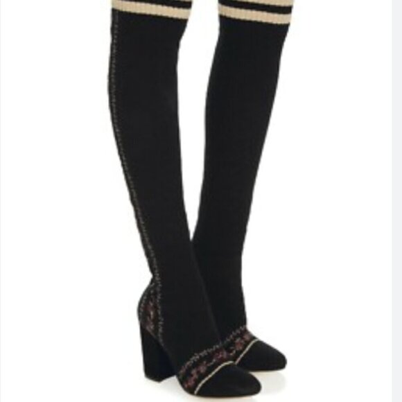 Tabitha Simmons Shoes - Tabitha Simmons Irina Stripe Knit Stretch Thigh High Heeled Boots Black Size 37